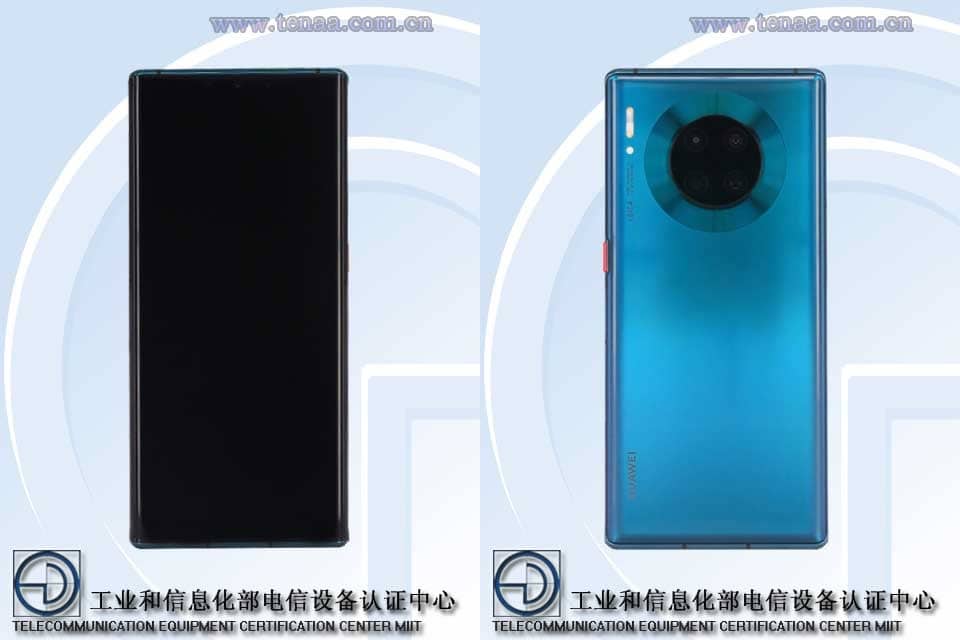 Render publicado por TENAA del diseño frontal y dorsal del Huawei Mate 30 Pro 2020.