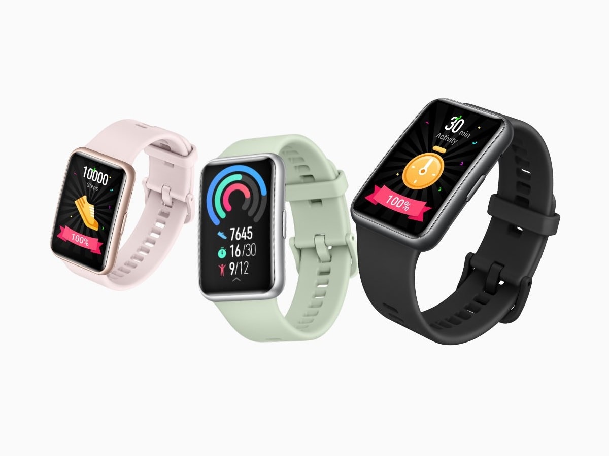 Render oficial del diseño frontal en tres colores diferentes del Huawei Watch Fit.