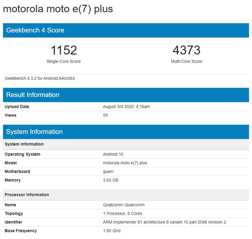 Detalles del Motorola Moto E7 Plus en la base de datos de Geekbench.