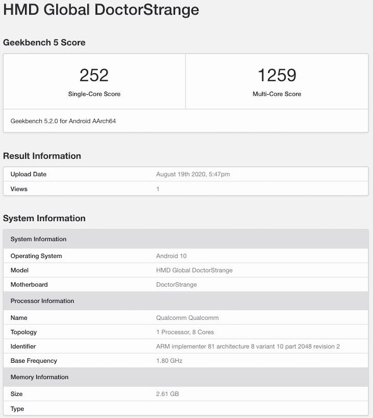Resultados del Nokia 3.4 en la base de datos de Geekbench.