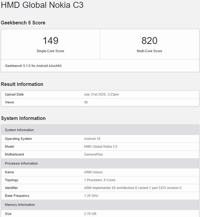 Resultados del Nokia C3 en la base de datos de Geekbench.