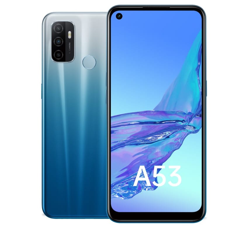 Render oficial del diseño frontal y dorsal del OPPO A53.