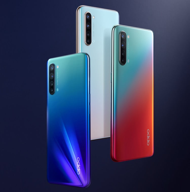 Render oficial del diseño dorsal del OPPO K7 5G en tres colores diferentes.