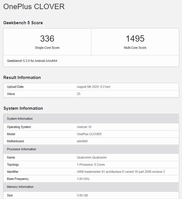 Resultados del OnePlus Clover en la base de datos de Geekbench.