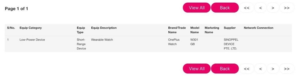Captura de pantalla del OnePlus Watch en la base de datos de IMDA.