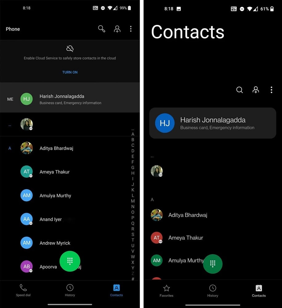 Captura de pantalla comparando la app de contactos de OxygenOS 10 y 11.