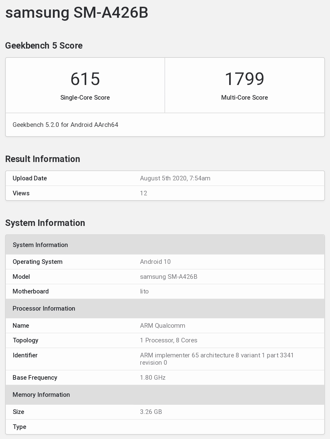 Resultados del Samsung Galaxy A42 5G en la base de datos de Geekbench.
