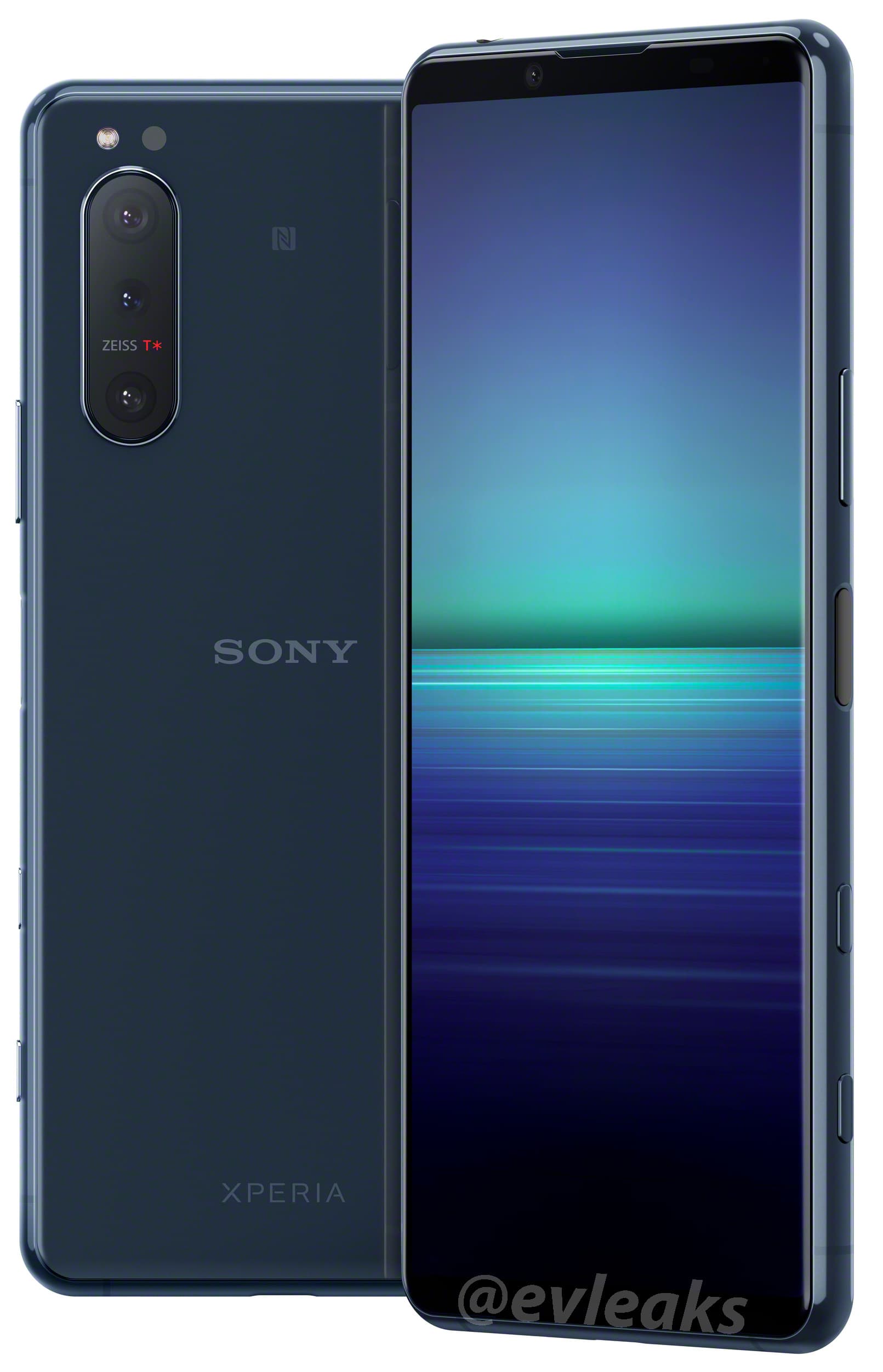 Render filtrado del diseño frontal, dorsal y lateral del Sony Xperia 5 II.