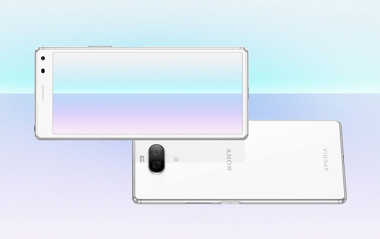 Render oficial del diseño frontal y dorsal del Sony Xperia 8 Lite.