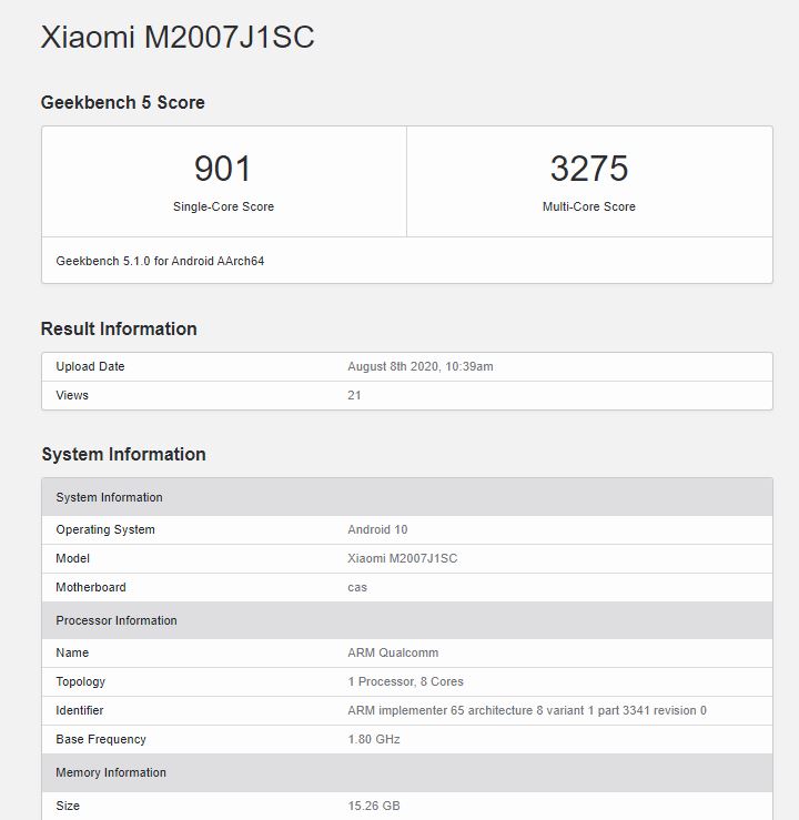 Resultados del Xiaomi Mi 10 Ultra en la base de datos de Geekbench.