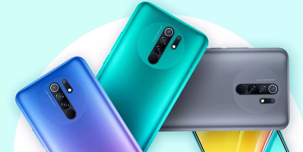 Render oficial del diseño posterior del Xiaomi Redmi 9 Prime en tres colores diferentes.