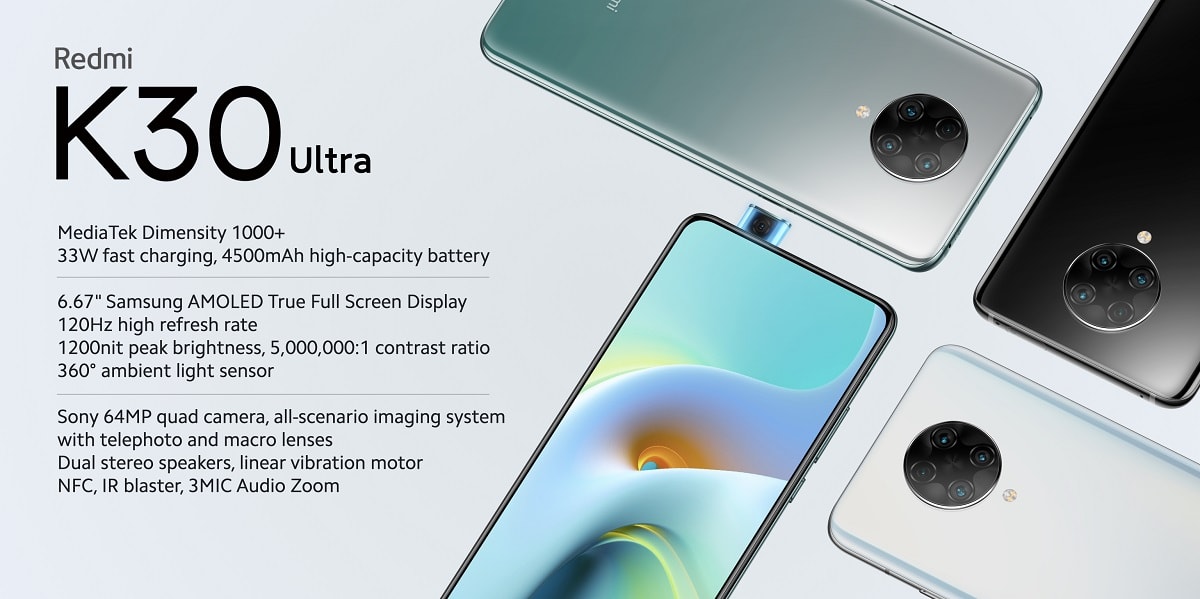 Infografía oficial del Xiaomi Redmi K30 Ultra exhibiendo sus principales especificaciones.