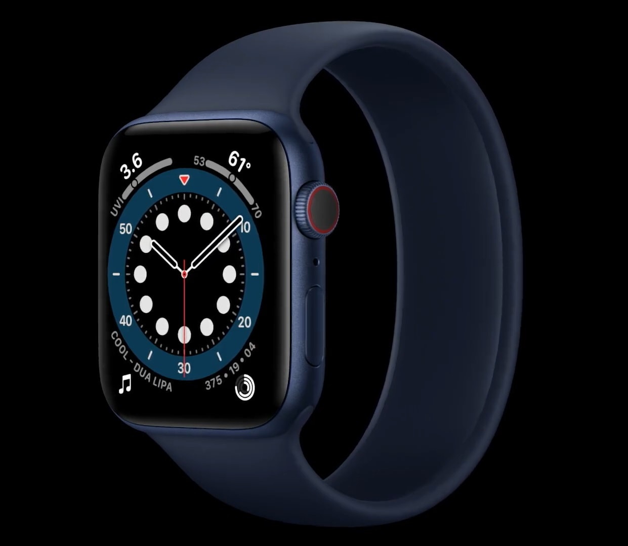 Render oficial del Apple Watch Series 6 con malla de silicona sin hebilla.
