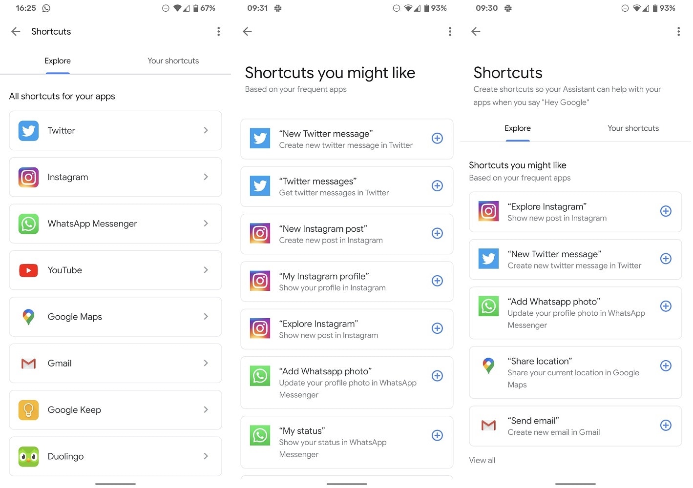 Capturas de pantalla de la nueva función Assistant Shortcuts.