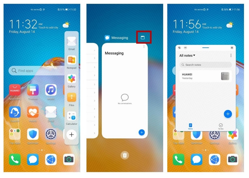 Capturas de pantalla ilustrando el nuevo modo Multi-Tasking de EMUI 11.