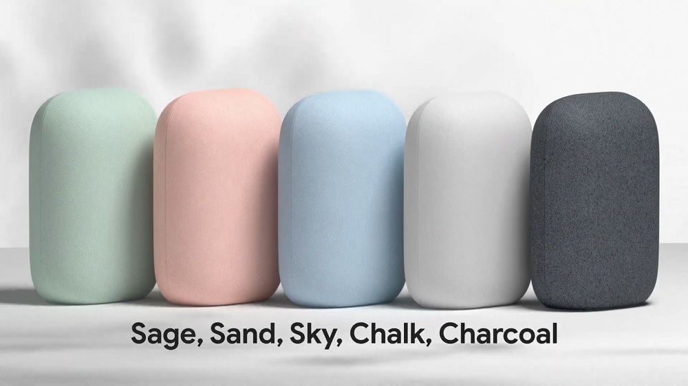 Render promocional de todos los colores de partida de Google Nest Audio.