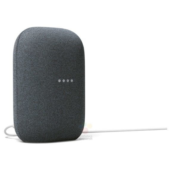 Render filtrado del diseño frontal y lateral del Google Nest Audio.