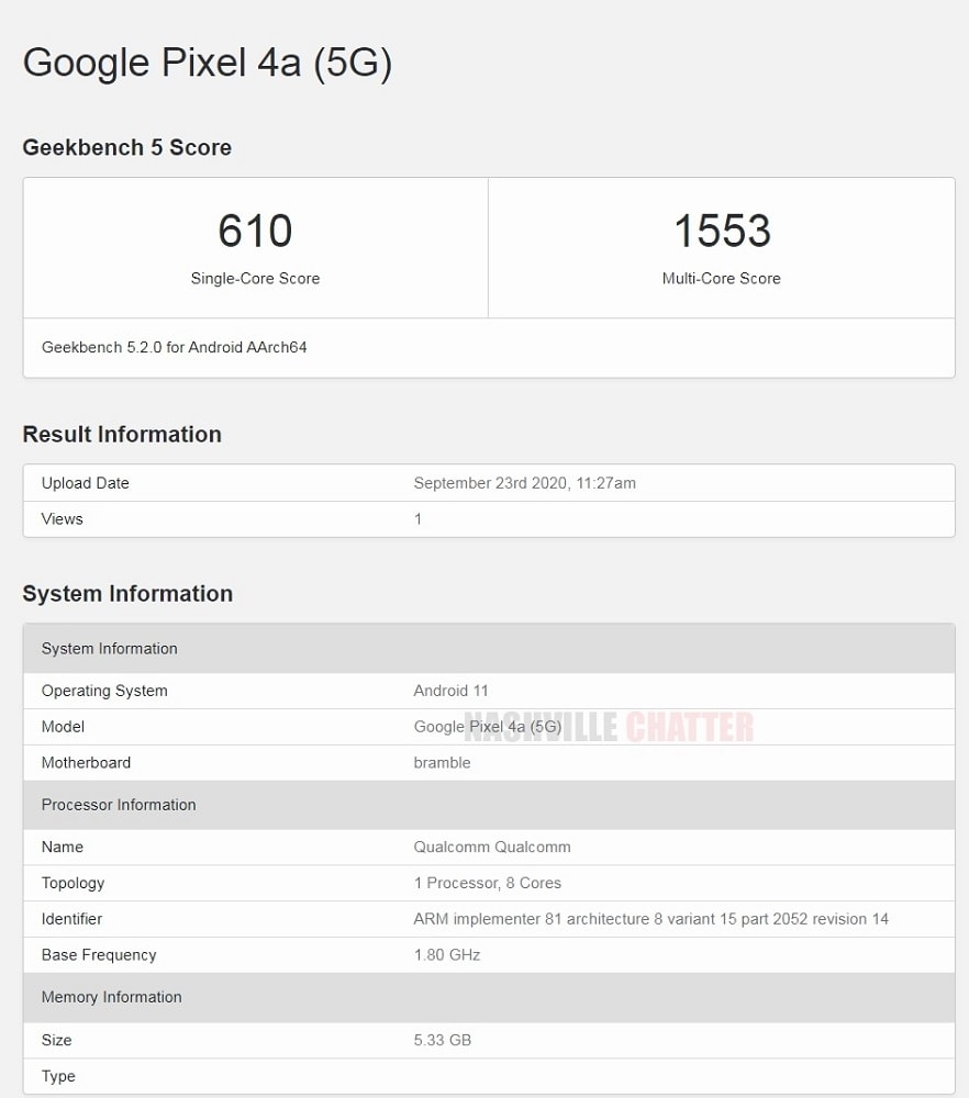 Resultados del Google Pixel 4a 5G en la base de datos de Geekbench.
