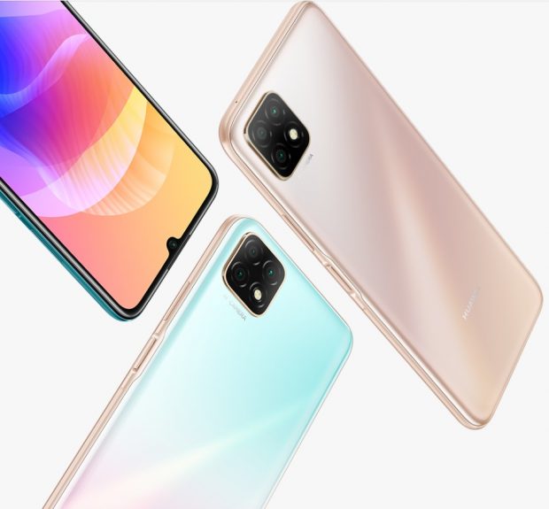 Render oficial del diseño frontal, dorsal y lateral del Huawei Enjoy 20 5G.