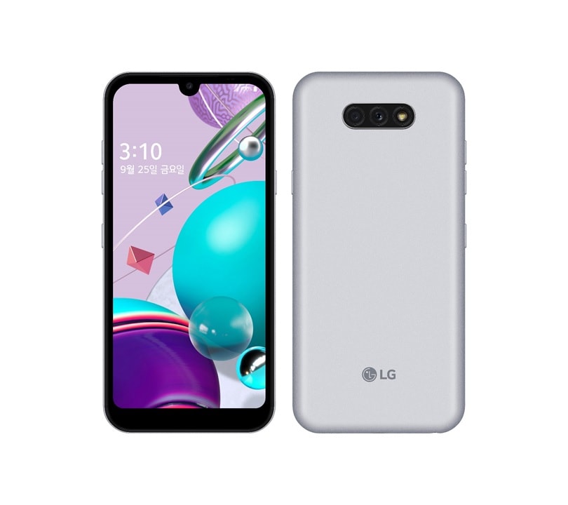 Render oficial del diseño frontal y dorsal del LG Q31 color blanco.