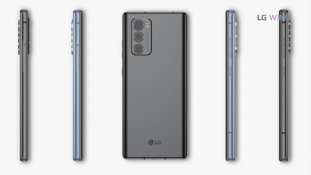 Render oficial del diseño dorsal y lateral del LG Wing.