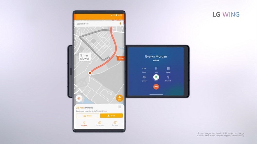 Render promocional oficial del LG Wing en modo Manos Libres.