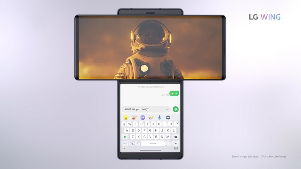 Render promocional oficial del LG Wing mostrando su función Multitasking.