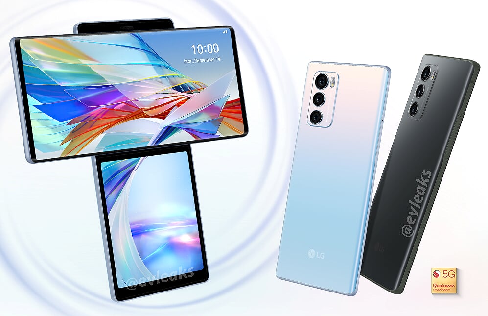 Render filtrado del diseño frontal y dorsal del LG Wing.