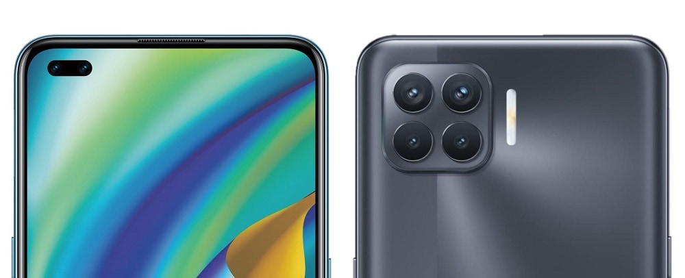 Render oficial del diseño frontal y dorsal superior del OPPO F17 Pro.