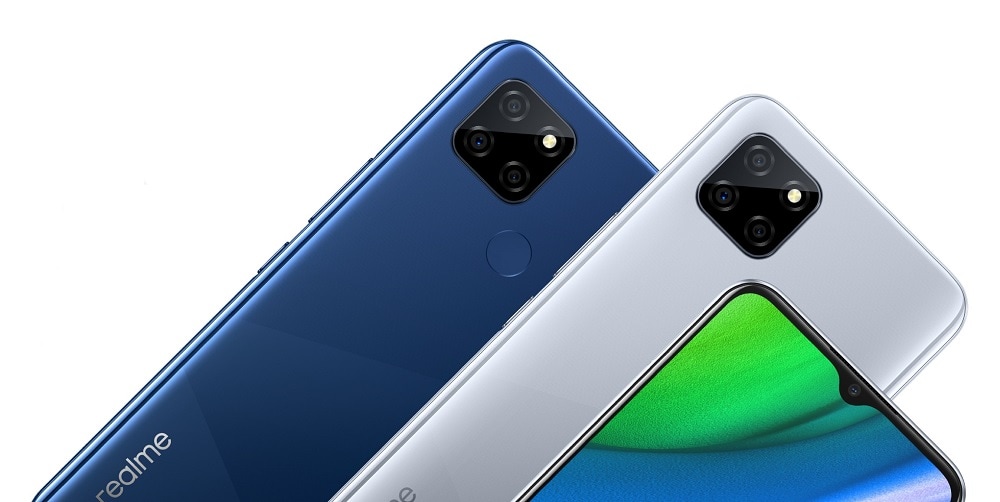 Render promocional oficial del diseño frontal y dorsal parcial del OPPO Realme V3.