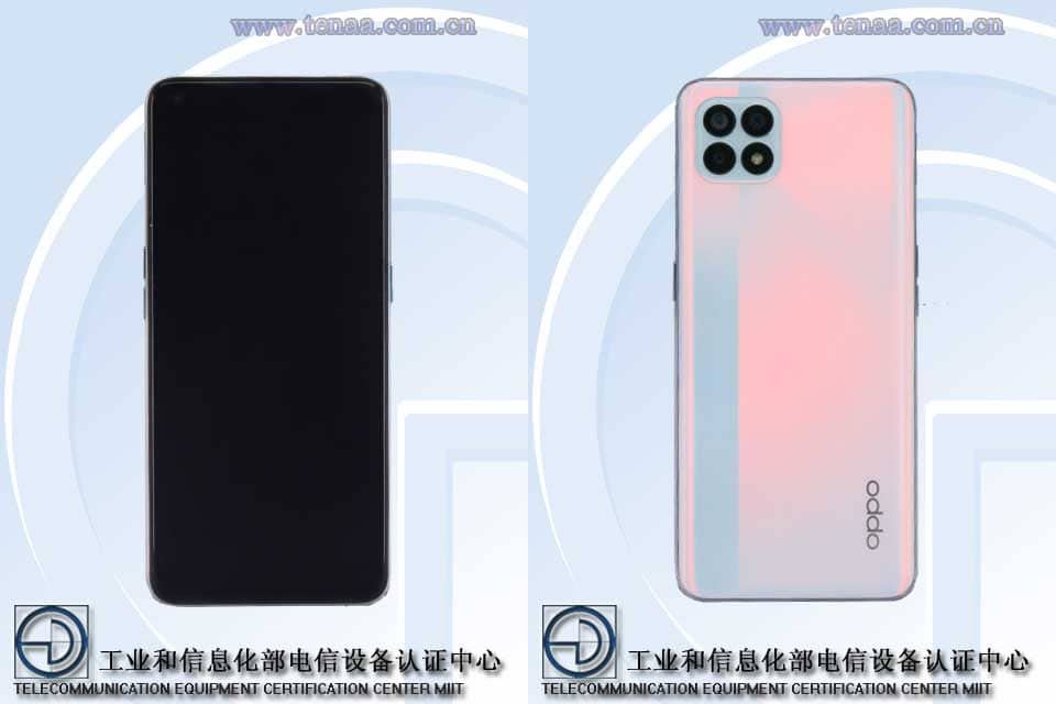 Render oficial de TENAA del diseño frontal y dorsal del OPPO Reno4 SE.