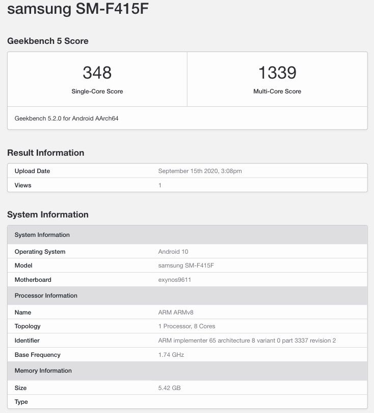 Resultados de un Samsung Galaxy F41 en la base de datos de Geekbench.
