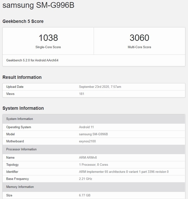 Resultados del Samsung Galaxy S21+ en la base de datos de Geekbench.