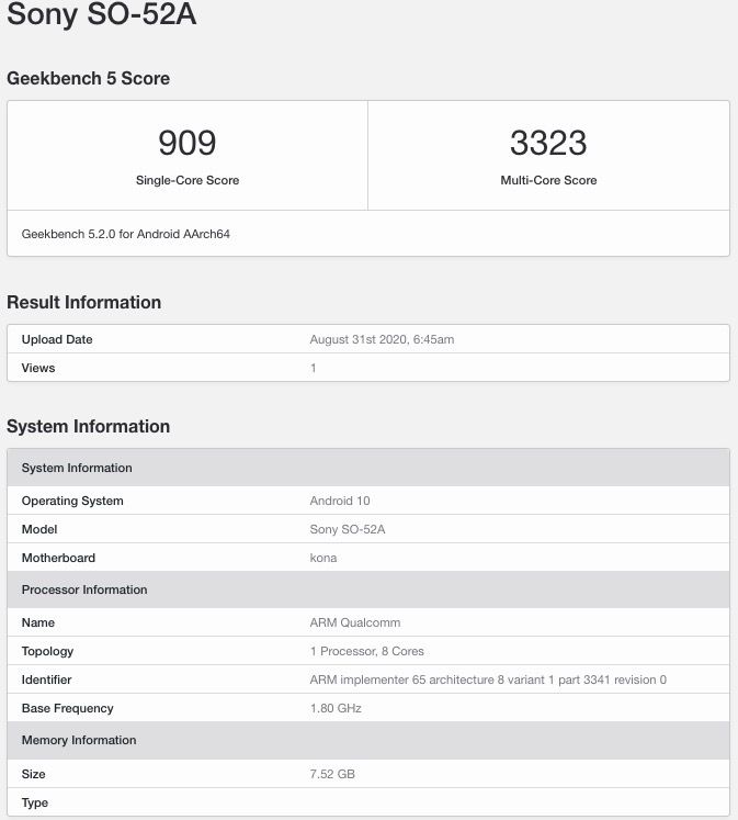 Resultados del Sony Xperia 5 II en las pruebas de la app Geekbench 5.0.