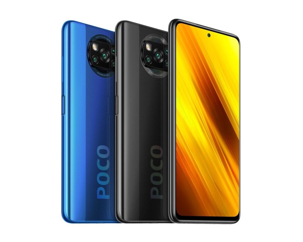 Render oficial del diseño frontal, dorsal y lateral del Xiaomi POCO X3.