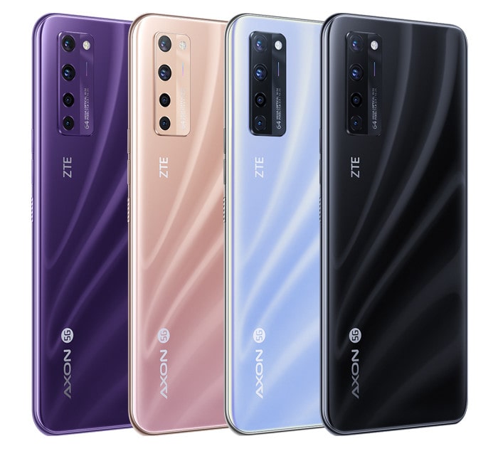Render oficial del diseño dorsal del ZTE Axon 20 5G en cuatro colores diferentes. 