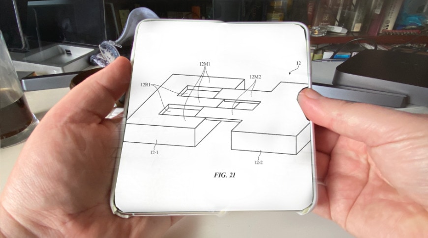 Render ilustrativo de un iPhone con pantalla desenrrollable.