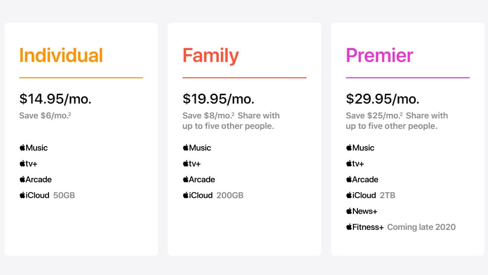 Precios oficiales de los planes de Apple One para Estados Unidos.