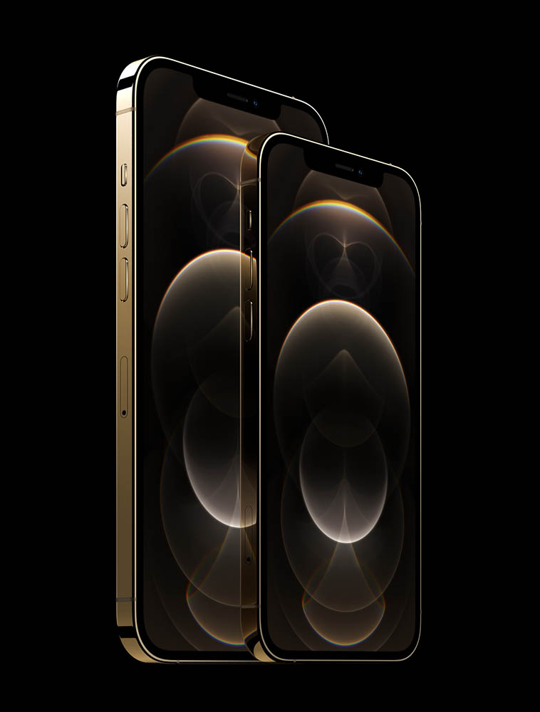Diseño frontal y lateral de los Apple iPhone 12 Pro y iPhone 12 Pro Max en color dorado.