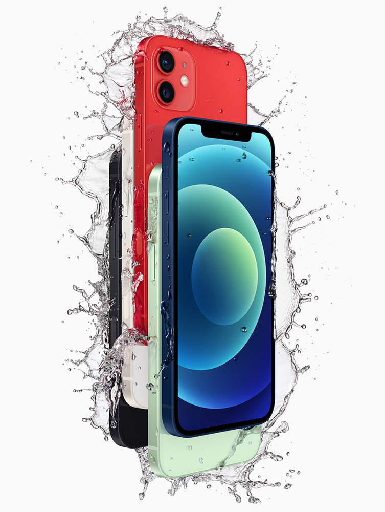 Render promocional del diseño frontal y dorsal del iPhone 12 en cinco colores.