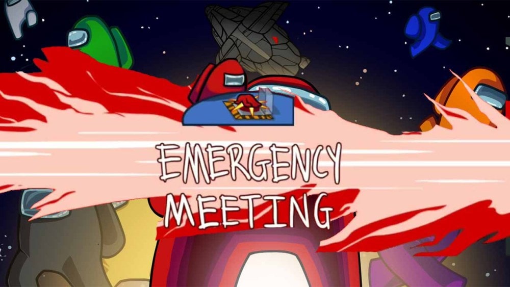 Captura de pantalla de una animación de reunión de emergencia en Among Us.