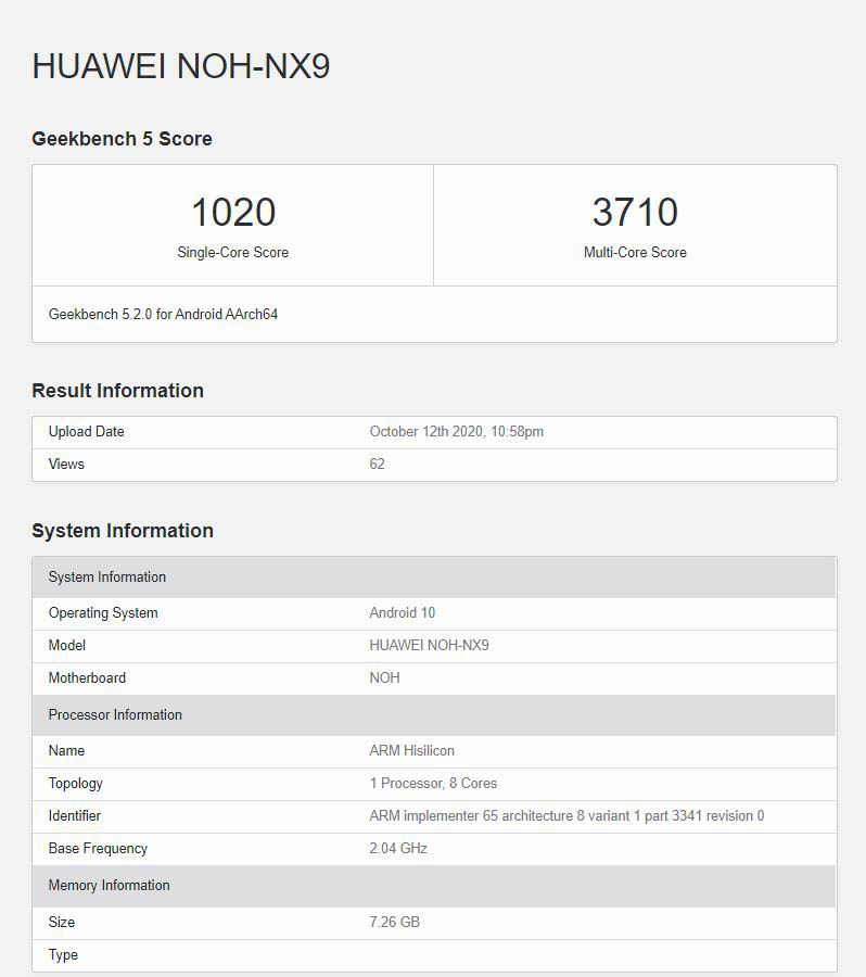 Resultados de rendimento del Huawei Mate 40 Pro en la base de datos de Geekbench.