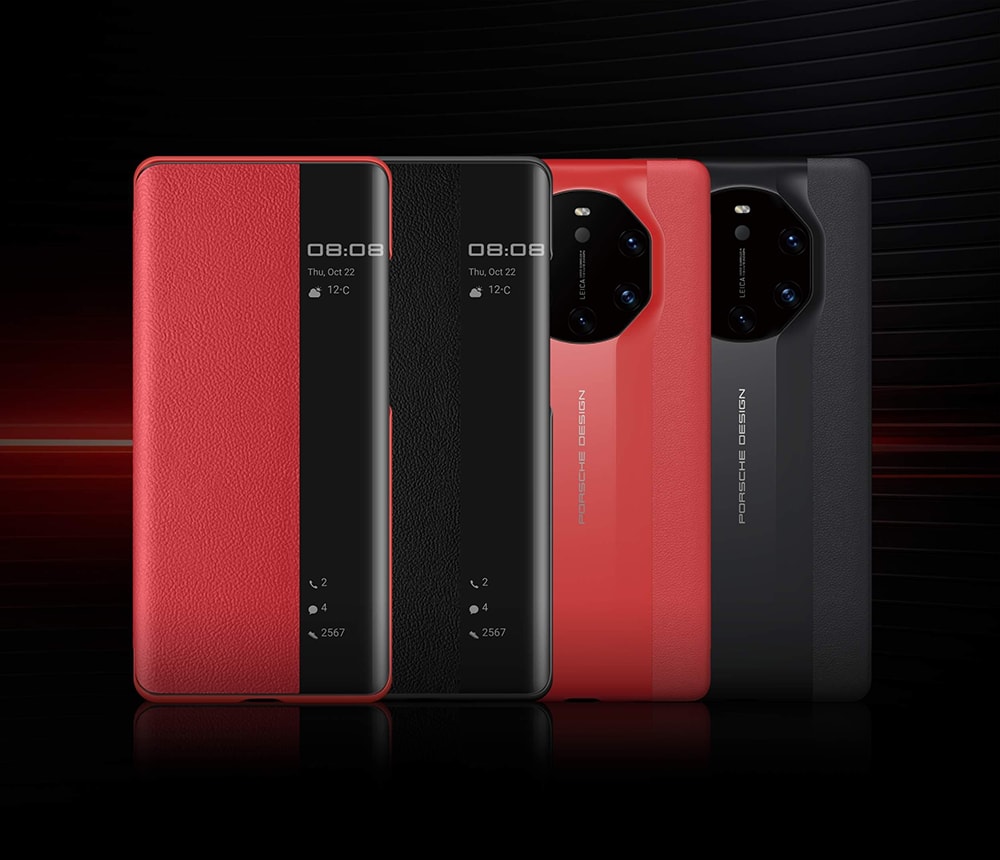 Render promocional del Huawei Mate 40 RS Porsche Design con carcasas de cuero.