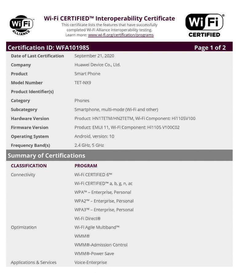 Certificación oficial Wi-Fi del Huawei Mate X2.