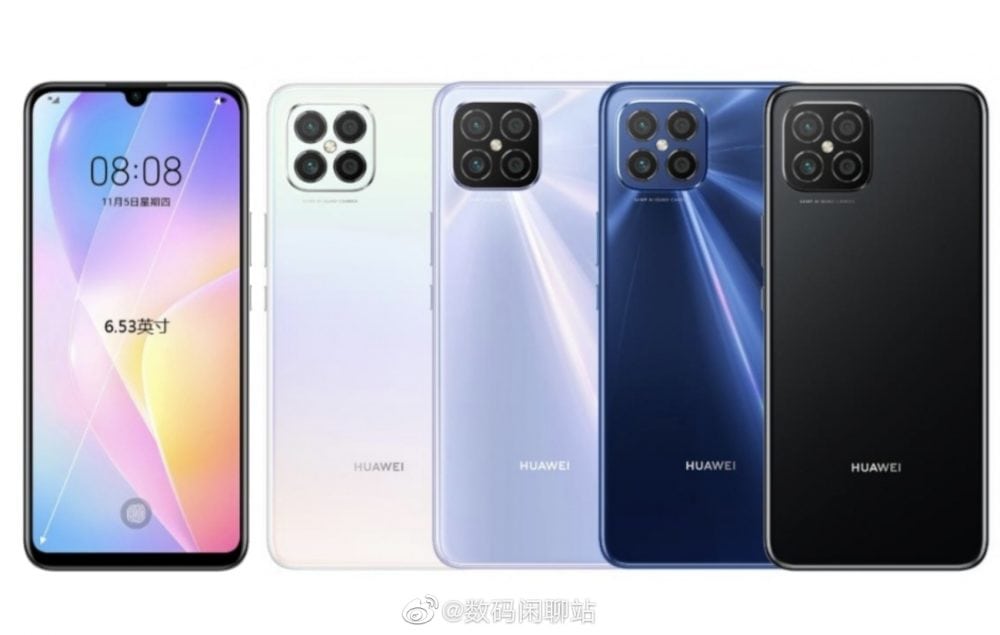 Render filtrado del diseño frontal y dorsal del Huawei Nova 8 SE.