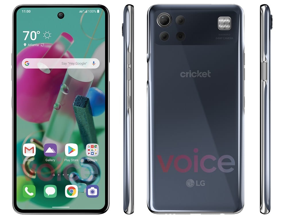 Render filtrado del diseño frontal, dorsal y lateral del LG K92 5G.