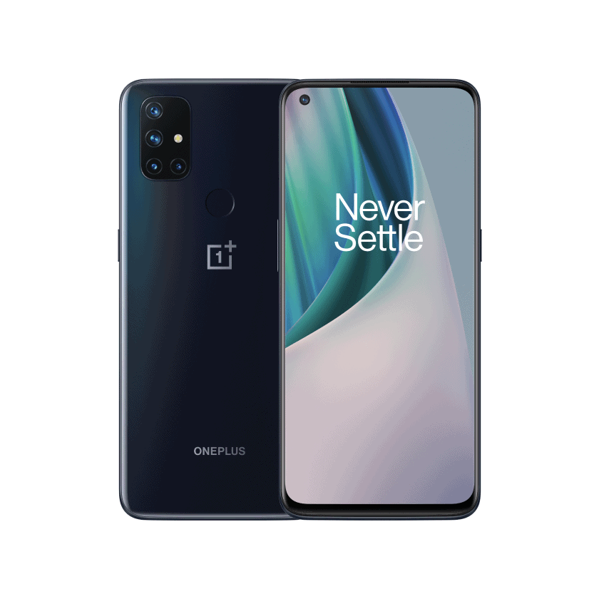 Render oficial del diseño frontal y dorsal del OnePlus Nord N10 5G.