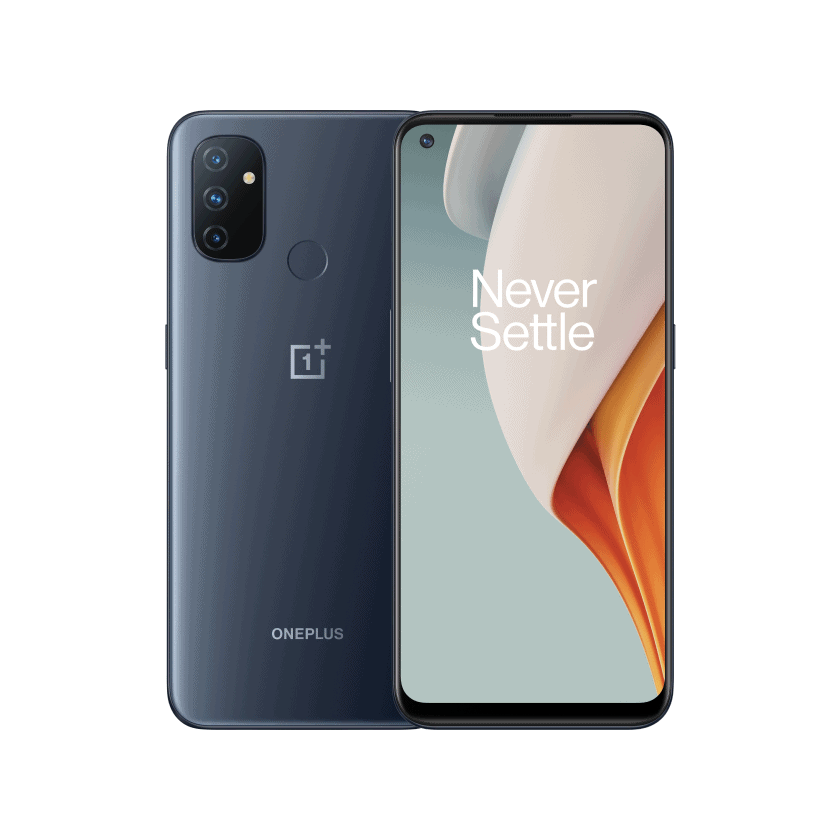 Render oficial del diseño frontal y dorsal del OnePlus Nord N100.