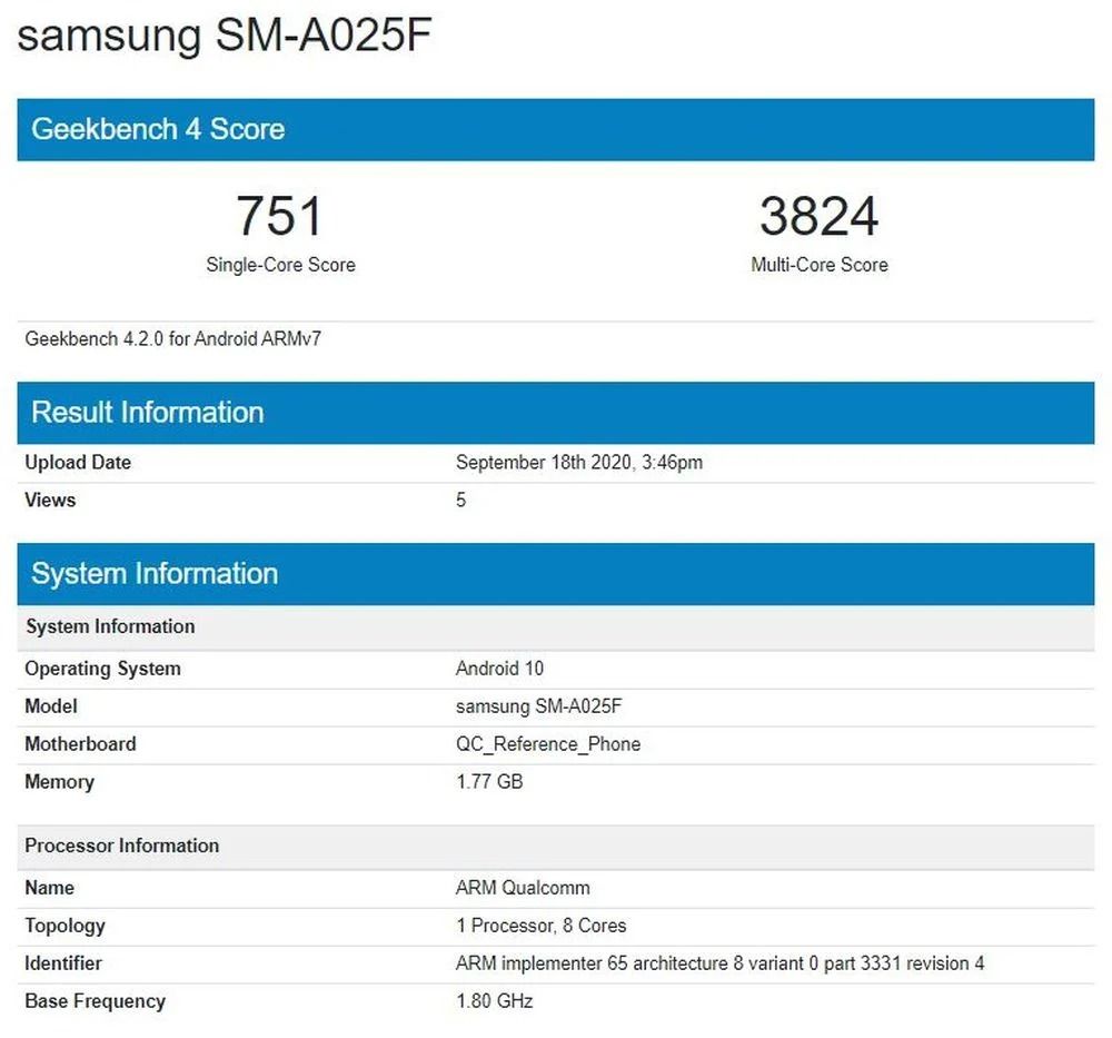 Resultados del Samsung Galaxy A02 en la base de datos de Geekbench.