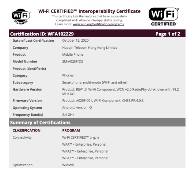Certificación de la Wi-Fi Alliance para el Samsung Galaxy A02.